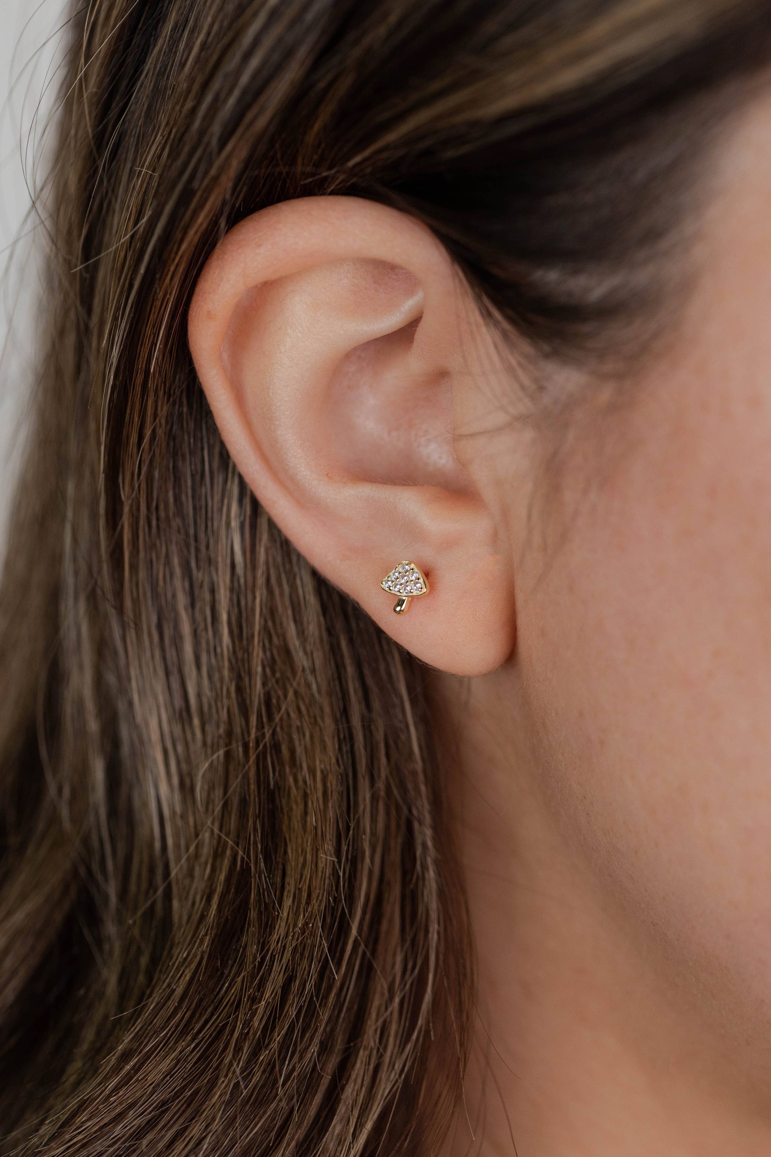 Earrings - YUCCA, gold mushroom stud earrings with white CZ stones and sterling silver posts, whimsical everyday jewelry.