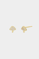 Earrings - YUCCA, gold mushroom stud earrings with white CZ stones and sterling silver posts, whimsical everyday jewelry.