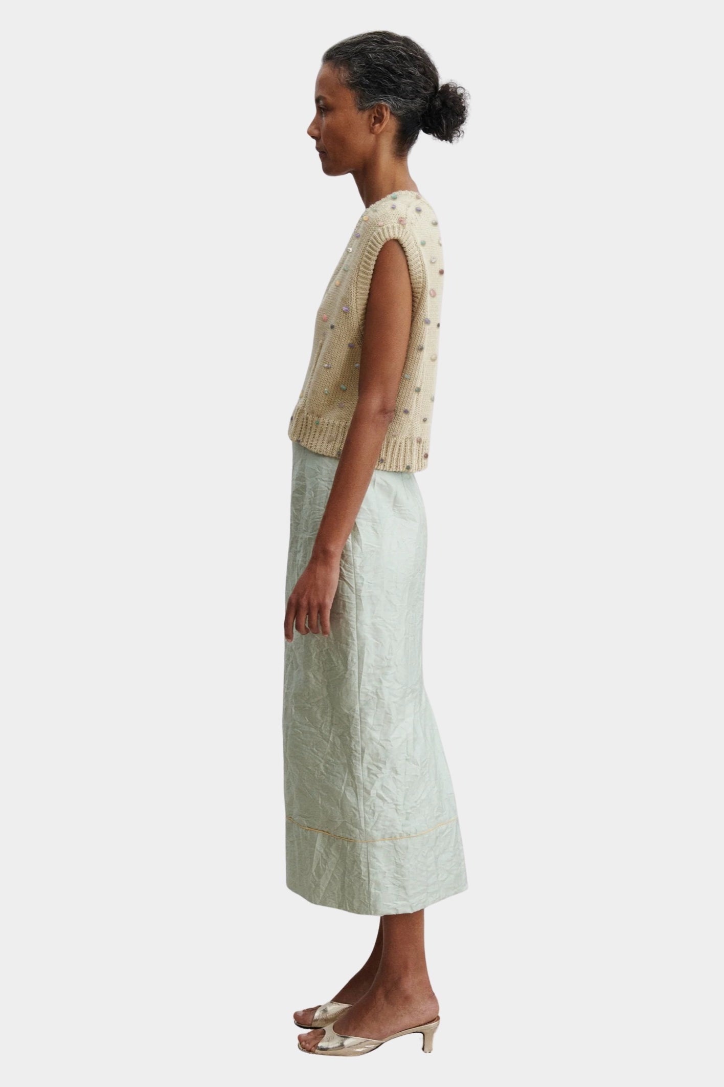 Rachel Comey Acrea Top dove cotton knit vest side profile layered with skirt