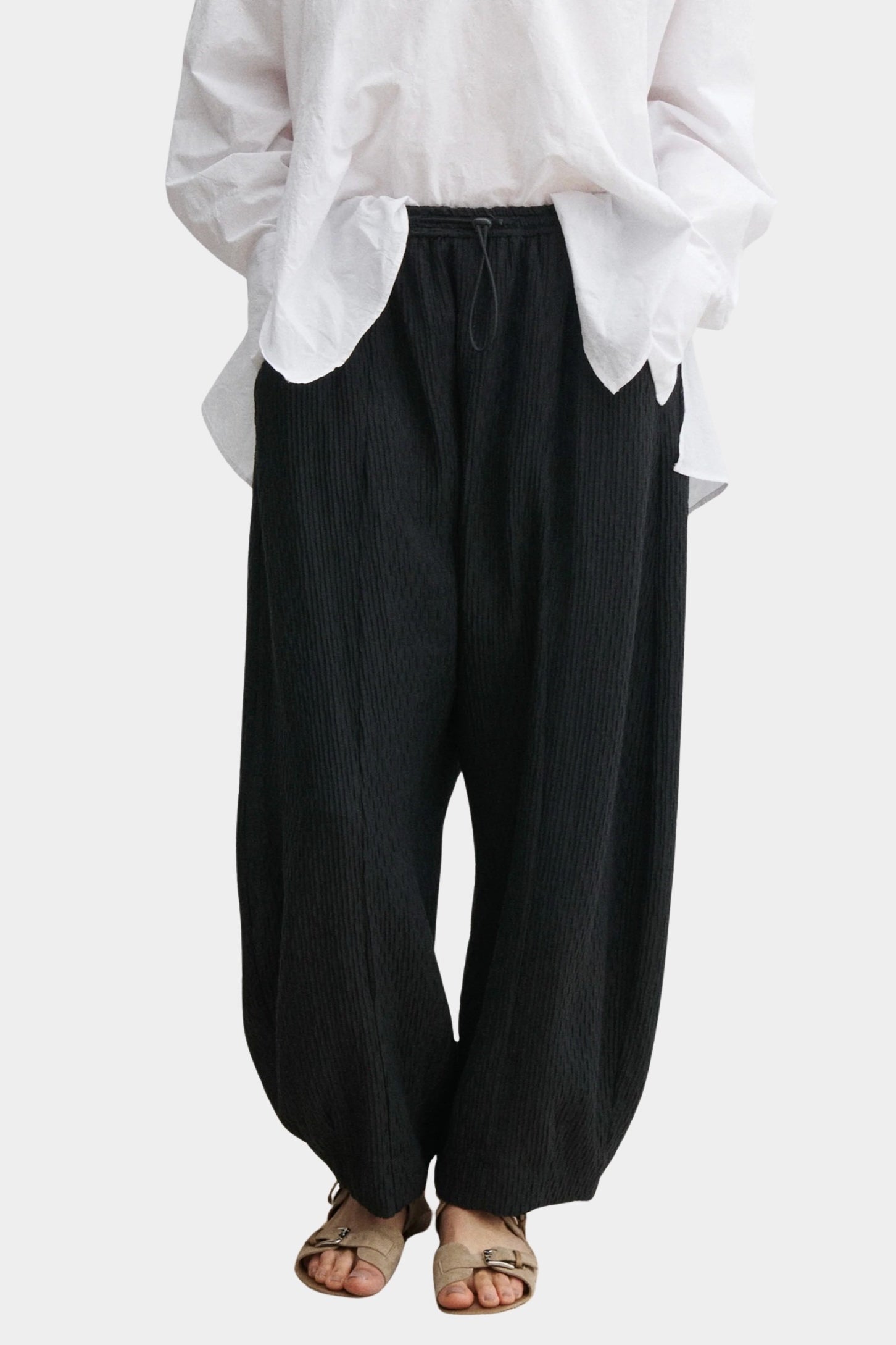 Rachel Comey Ashbolt pant in black, full look showing soft volume, relaxed fit, and lightweight drape