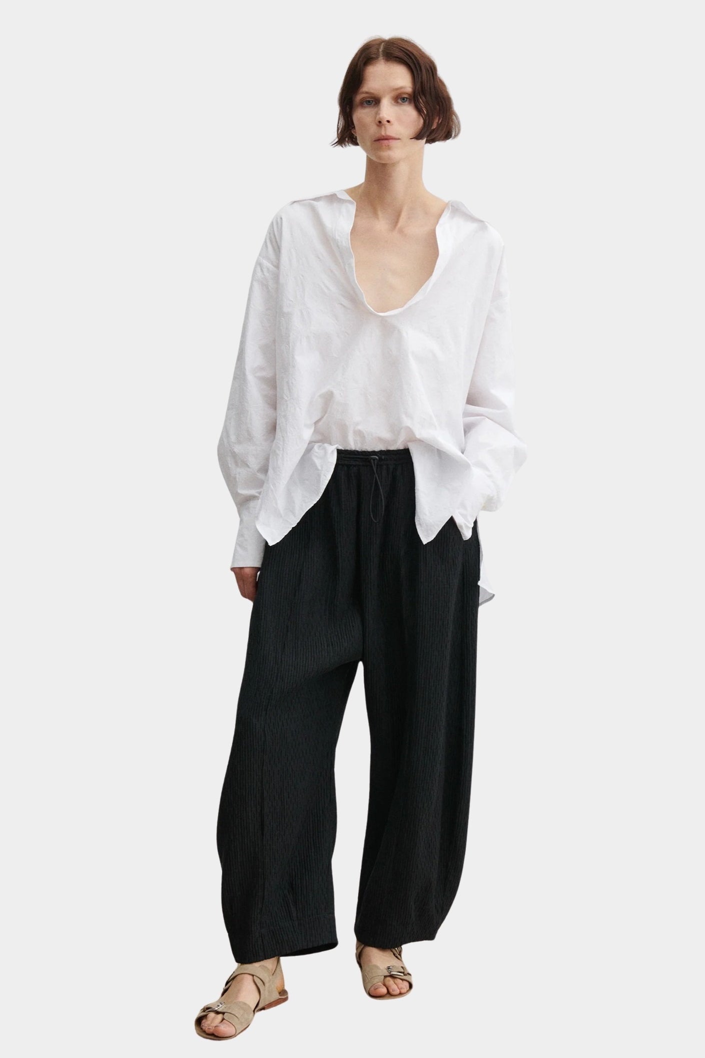 Rachel Comey Ashbolt pant in black, front view highlighting wide-leg shape and fluid texture