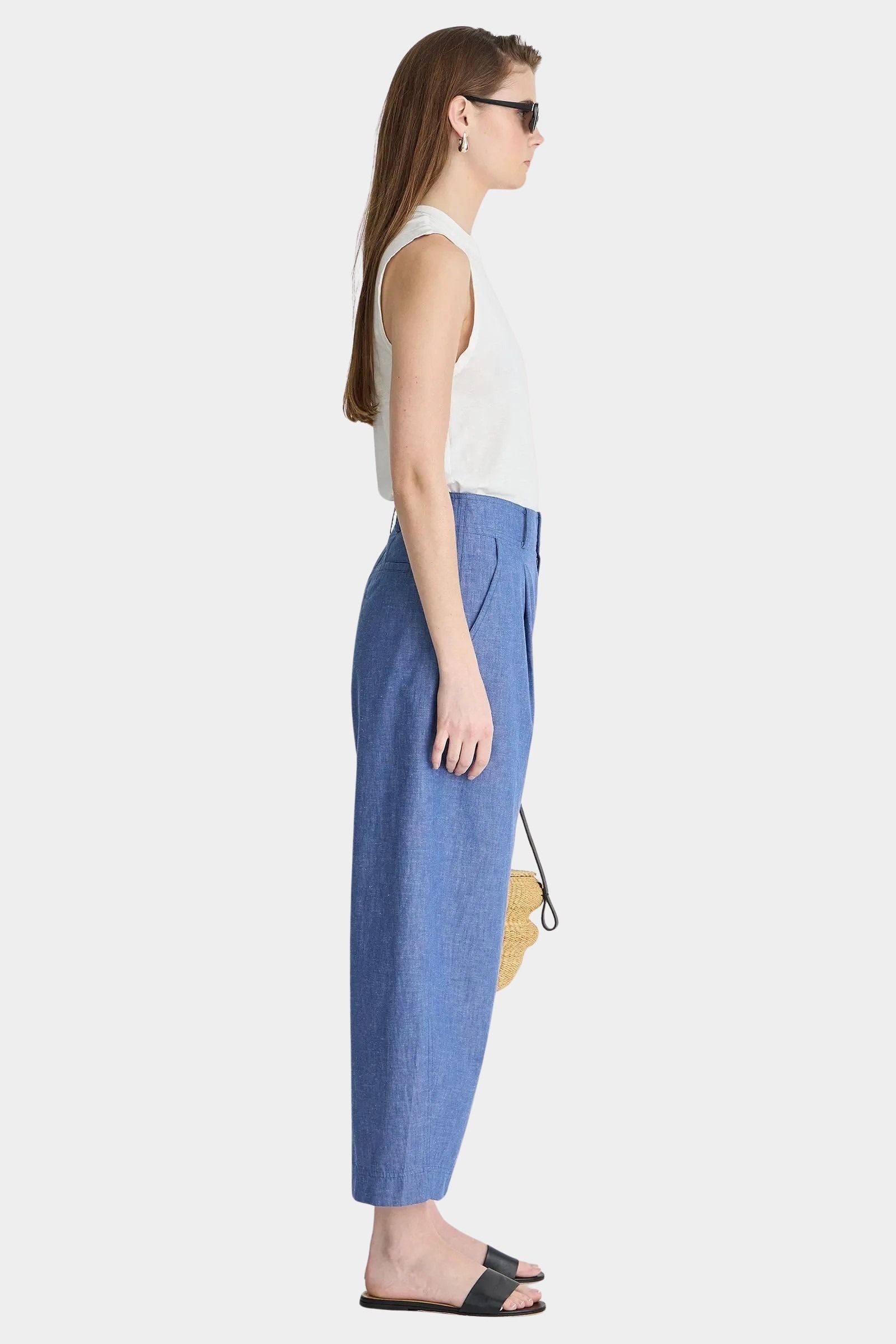 Rachel Comey Bari Crop Trouser Chambray side profile with high waist, cropped hem, and soft structured drape