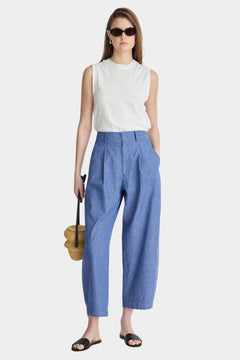 Rachel Comey Bari Crop Trouser Chambray styled full look with barrel leg fit and airy summer tailoring at YUCCA Denver
