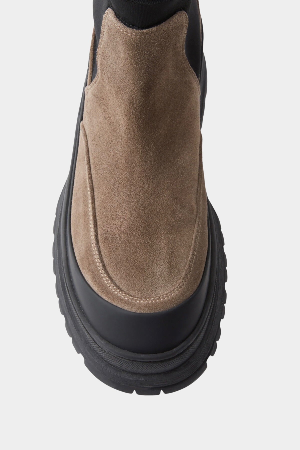 Rachel Comey Barla Boot Slate close view of suede toe and rubber bumper