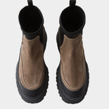 Rachel Comey Barla Boot Slate top view showing suede upper and black ankle panel