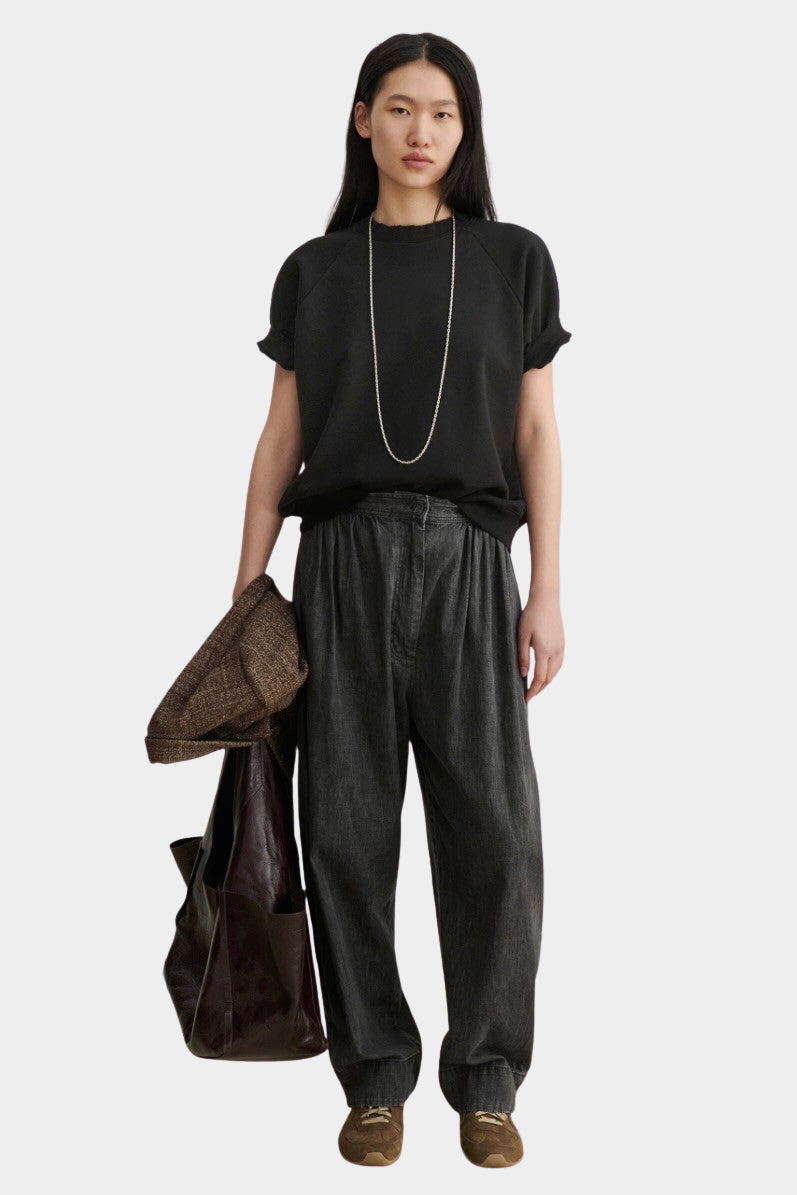 Rachel Comey Billi Sweatshirt Charcoal full styled view with relaxed pants and tote