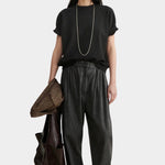 Rachel Comey Billi Sweatshirt Charcoal full styled view with relaxed pants and tote