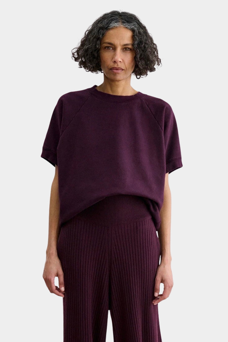 Rachel Comey Billi Sweatshirt Plum full front view showing draped fit and curved hem