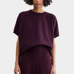Rachel Comey Billi Sweatshirt Plum full front view showing draped fit and curved hem