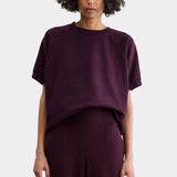 Rachel Comey Billi Sweatshirt Plum full front view showing draped fit and curved hem
