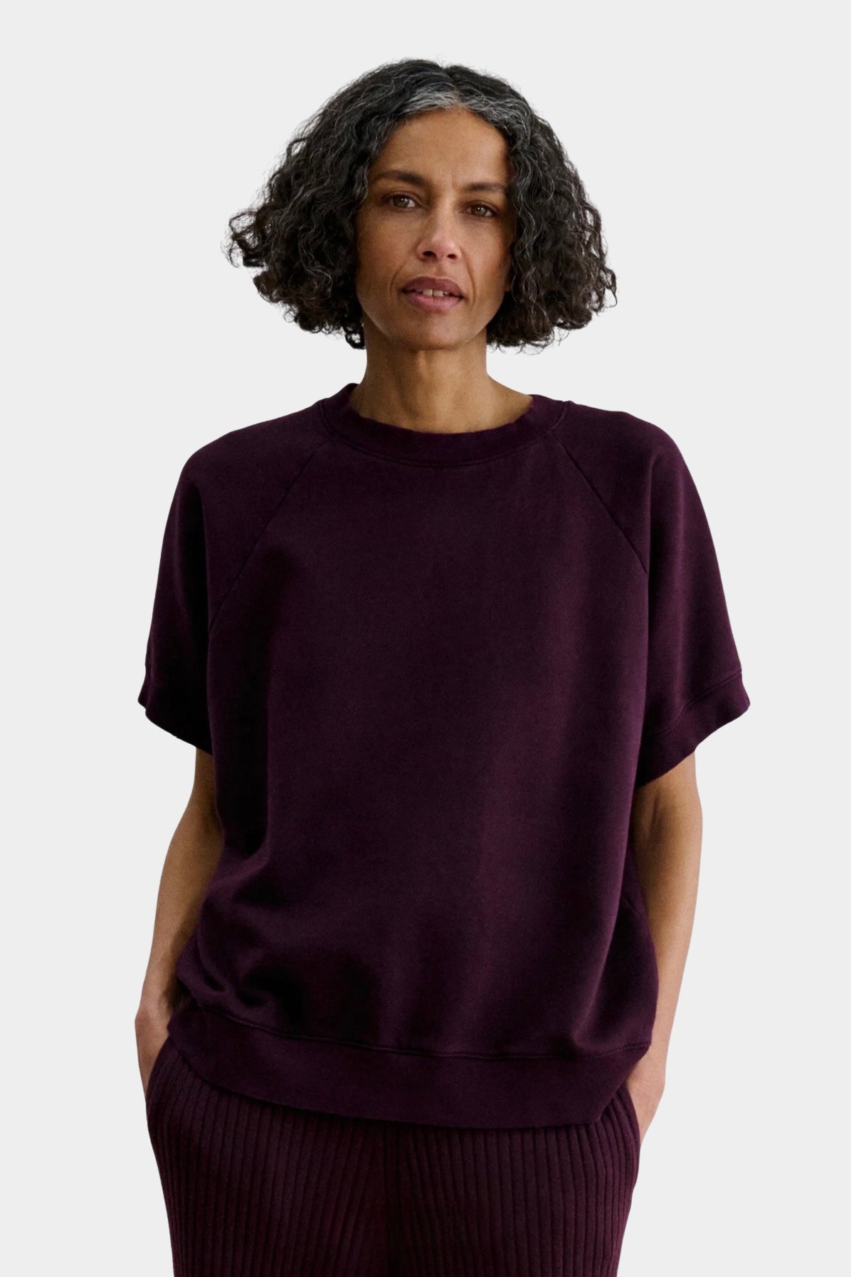 Rachel Comey Billi Sweatshirt Plum relaxed front view with tonal ribbed pants