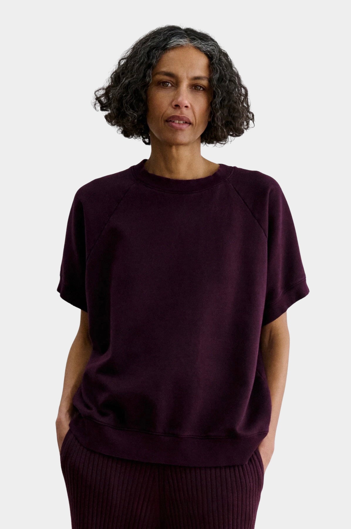 Rachel Comey Billi Sweatshirt Plum relaxed front view with tonal ribbed pants