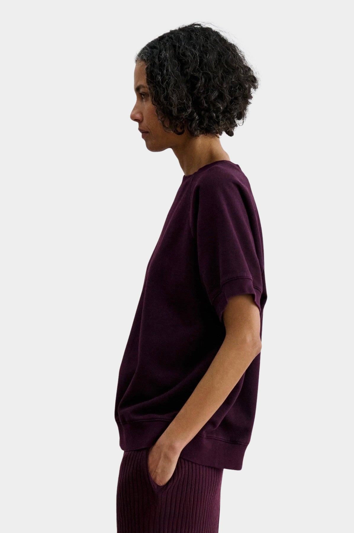 Rachel Comey Billi Sweatshirt Plum side view showing short sleeves and ribbed hem