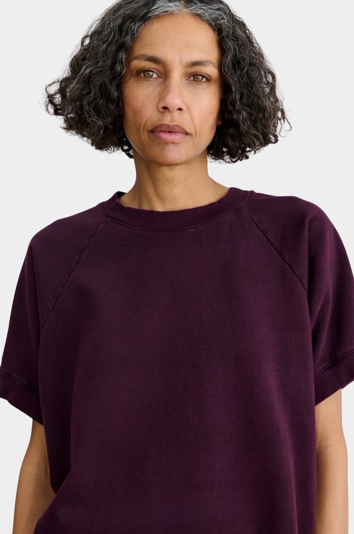 Rachel Comey Billi Sweatshirt Plum close view of crewneck and raglan seams
