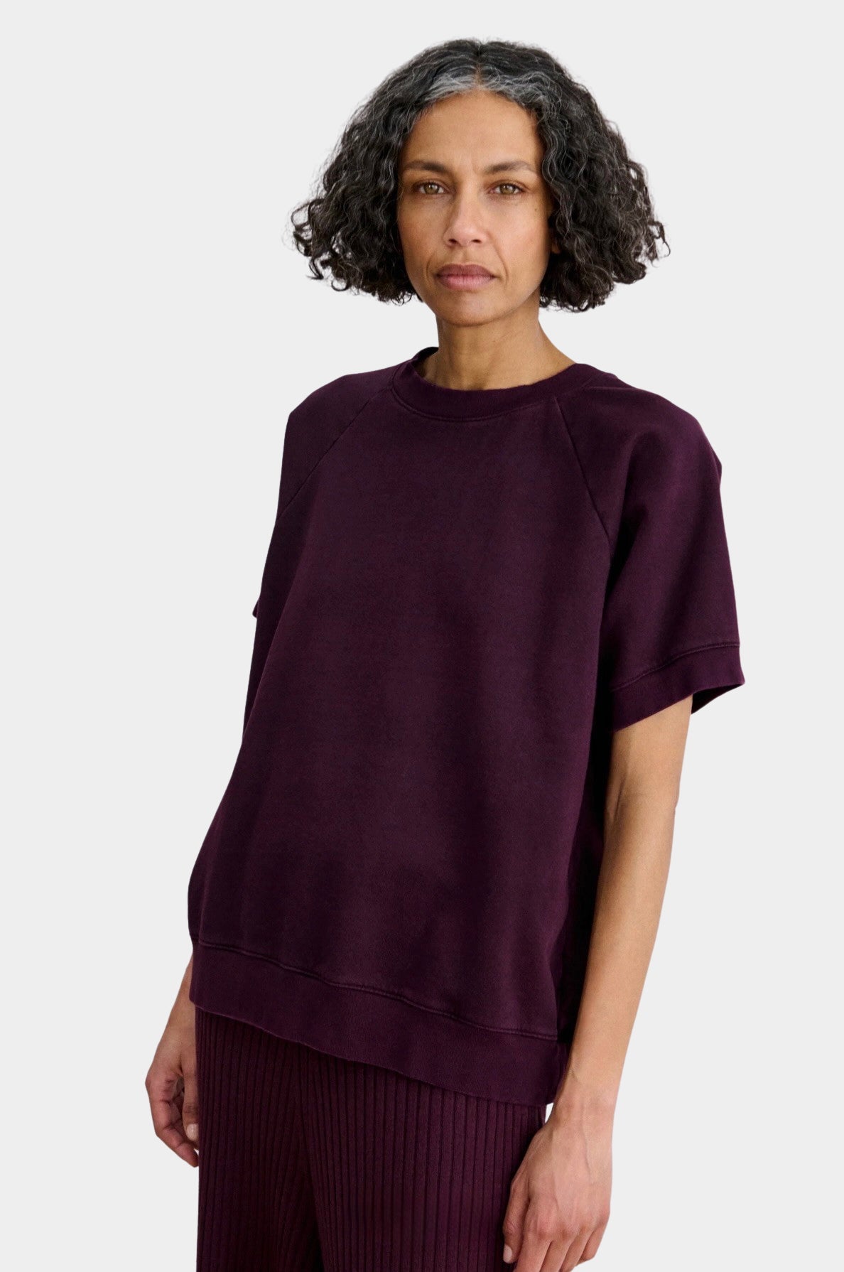 Rachel Comey Billi Sweatshirt Plum three quarter front view showing relaxed shape at YUCCA Denver