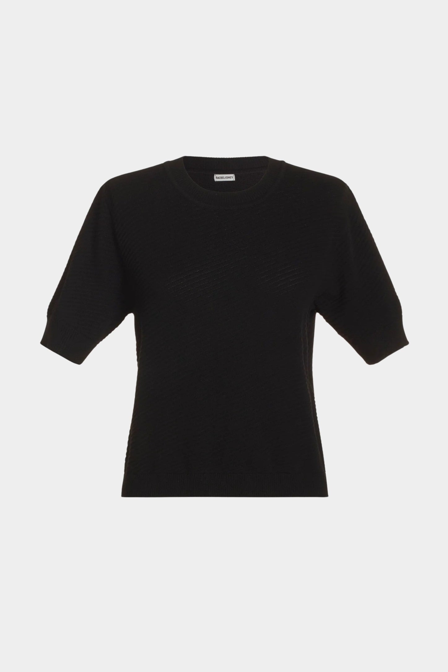 Rachel Comey Calibra Top Black short sleeve textured cotton knit top with clean crew neckline
