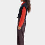 Rachel Comey Corsa Top navy knit vest side profile layered over red shirt