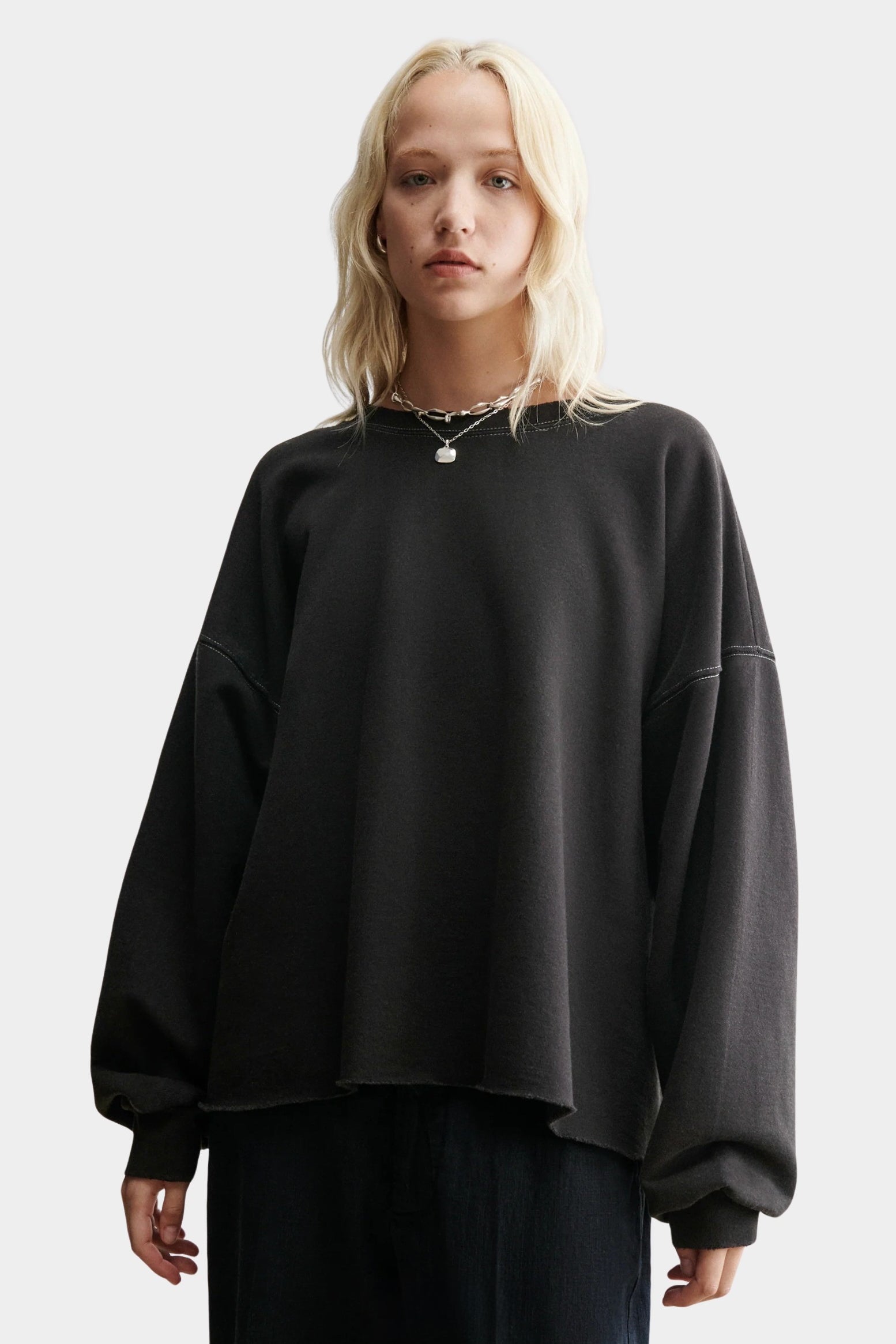 Rachel Comey Fonder Sweatshirt Charcoal front view with contrast stitching and voluminous sleeves