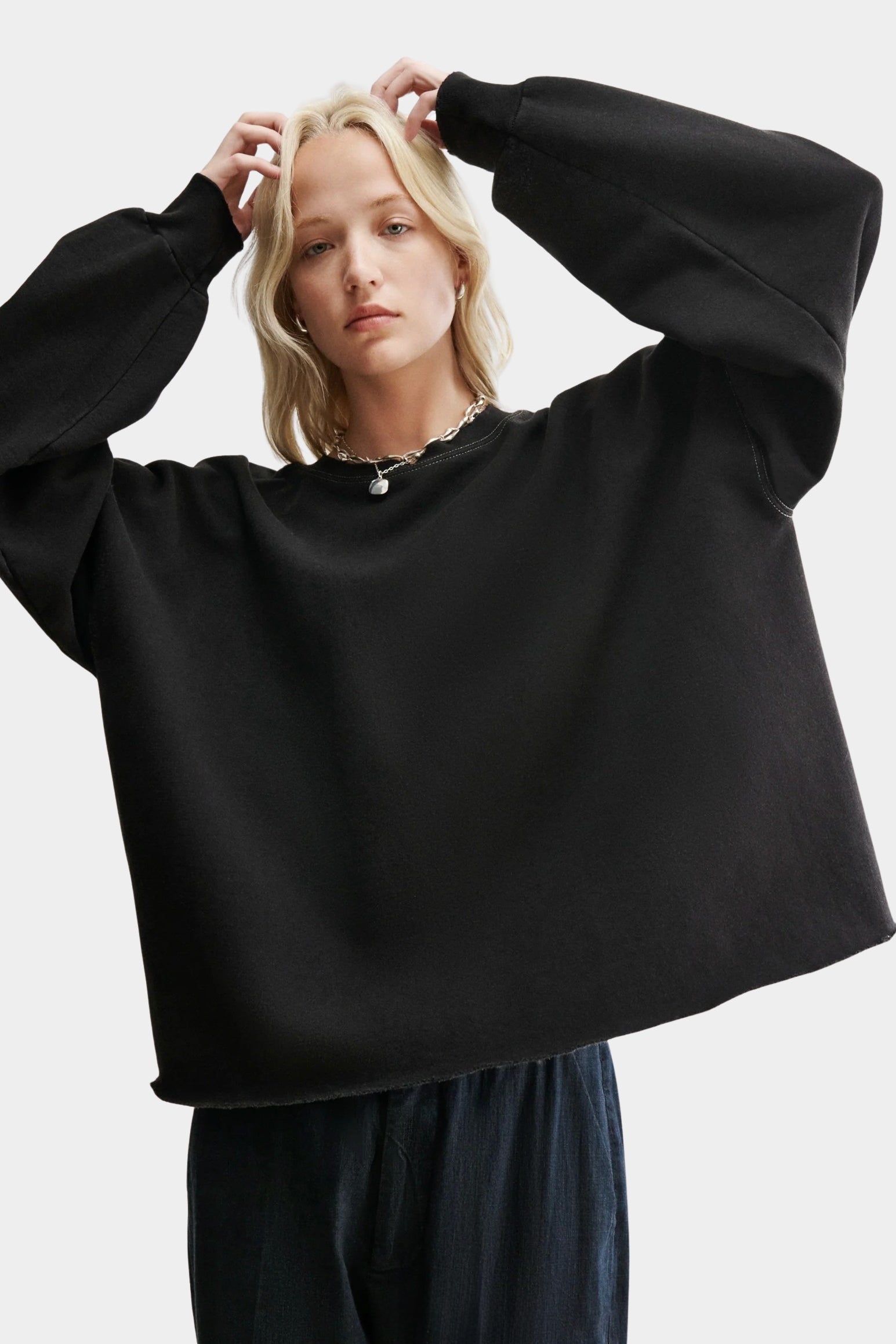 Rachel Comey Fonder Sweatshirt Charcoal close view showing wide shape and dropped shoulders