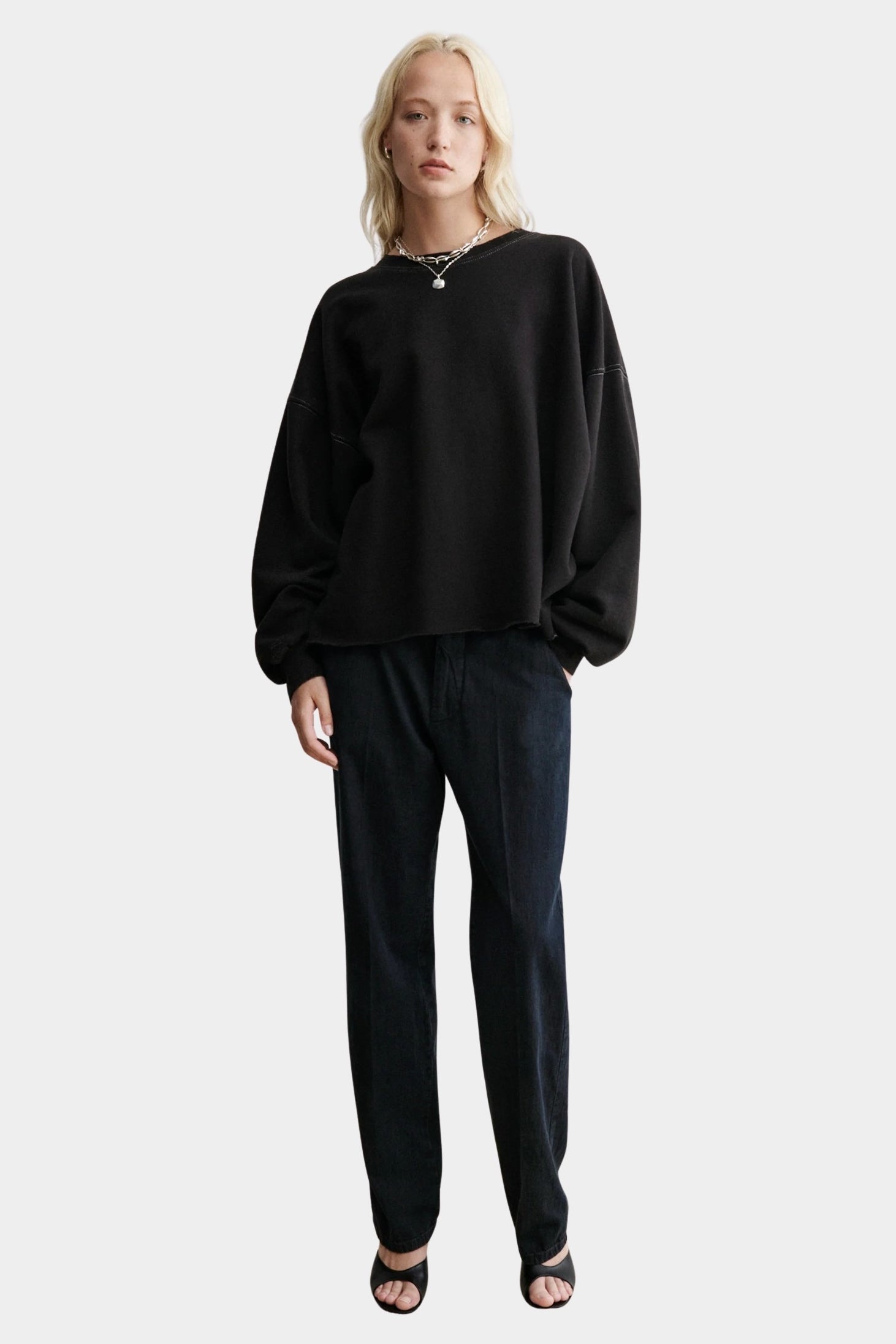 Rachel Comey Fonder Sweatshirt Charcoal front view with oversized fit and raw edge hem at YUCCA Denver