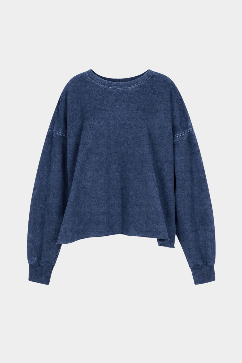 Rachel Comey Fonder Sweatshirt Indigo front flat lay showing dropped shoulders and raw edge hem, YUCCA Denver
