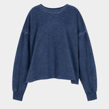 Rachel Comey Fonder Sweatshirt Indigo front flat lay showing dropped shoulders and raw edge hem, YUCCA Denver