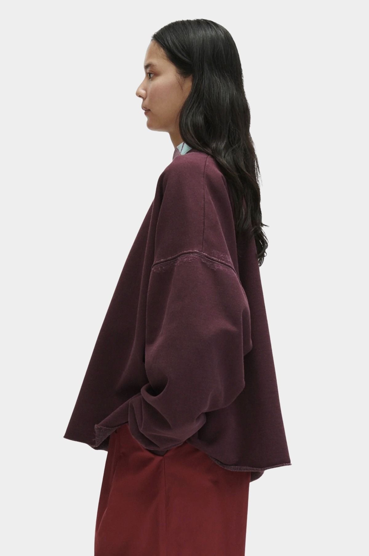Rachel Comey Fonder Sweatshirt Plum side view showing dropped shoulder and relaxed silhouette