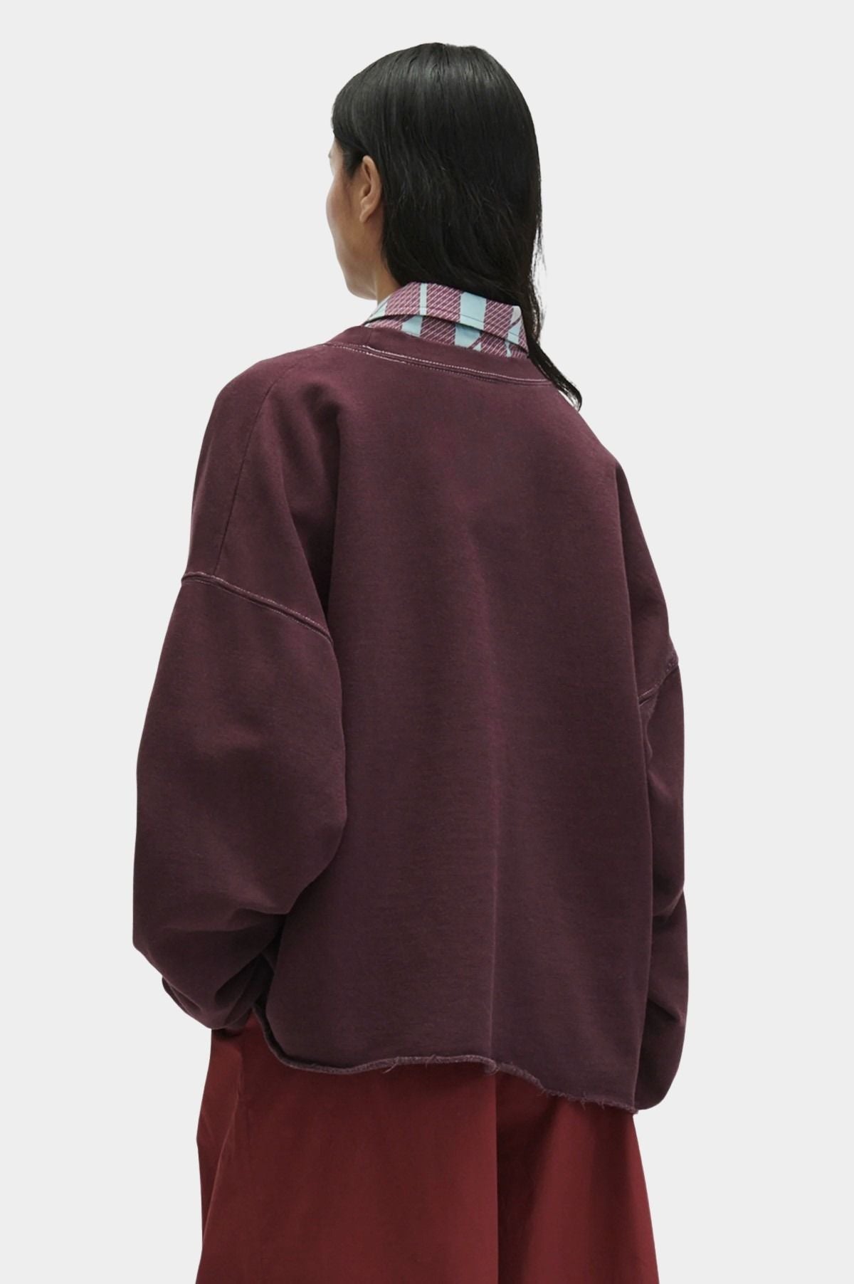 Rachel Comey Fonder Sweatshirt Plum back view showing oversized fit and raw hem