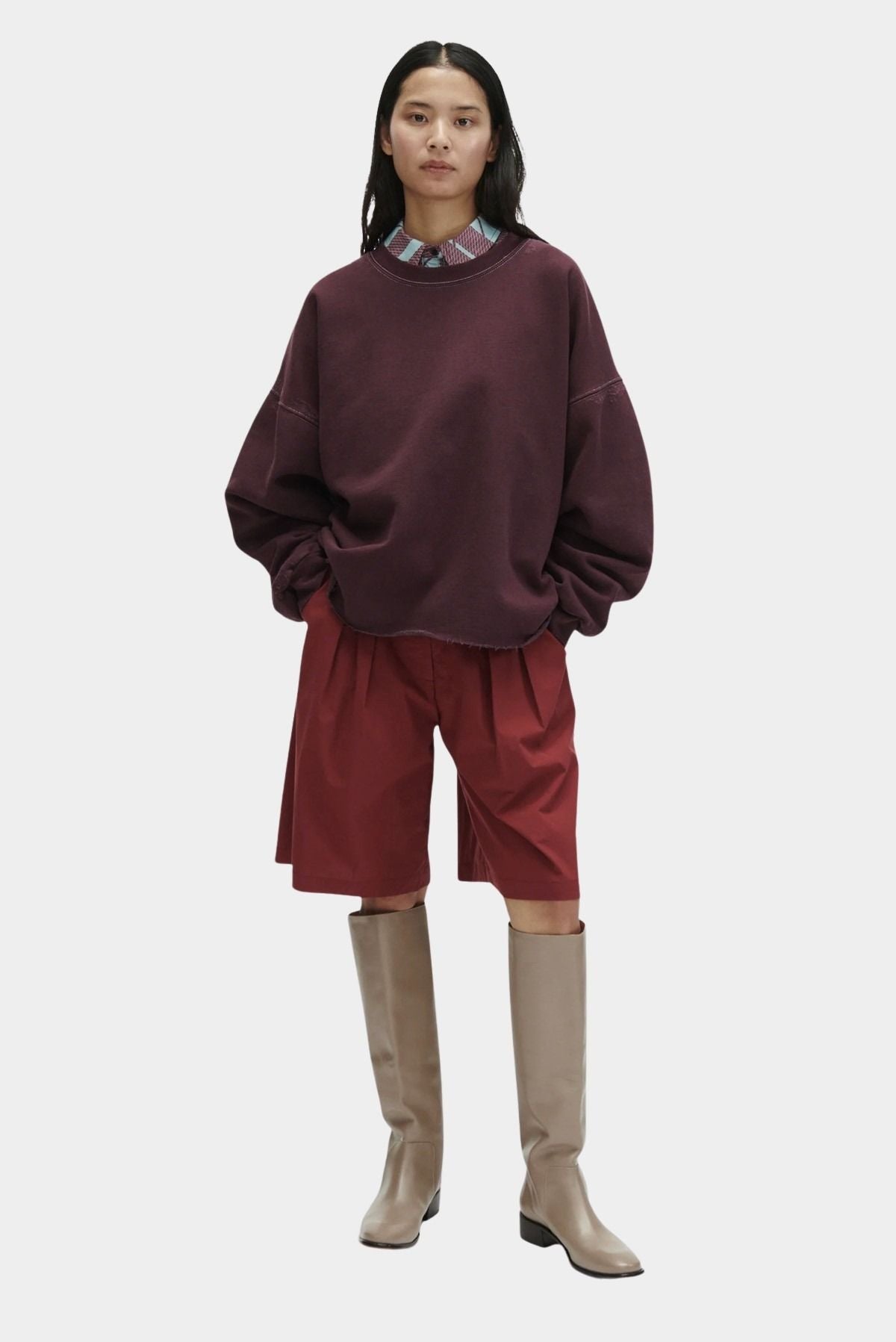 Rachel Comey Fonder Sweatshirt Plum styled with red shorts and tall boots at YUCCA Denver