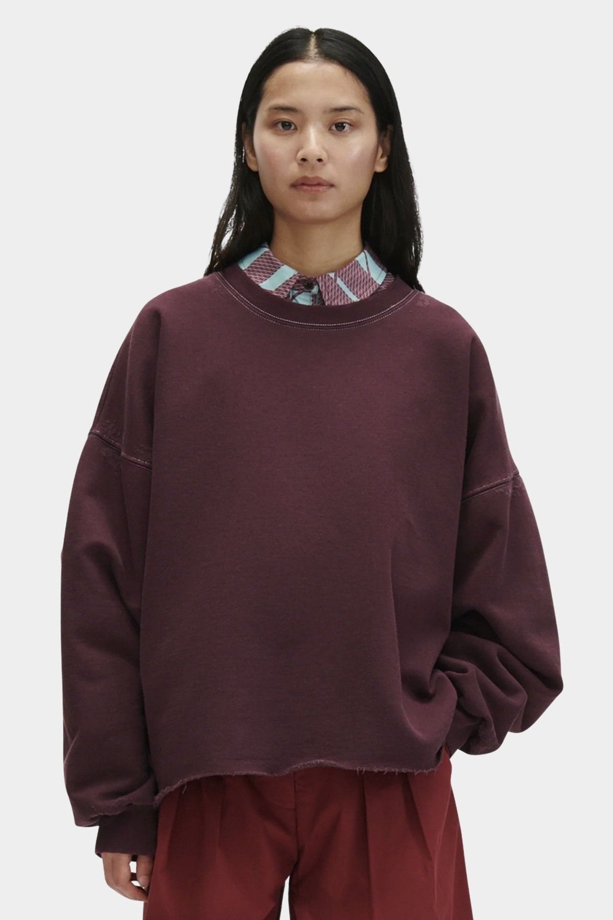 Rachel Comey Fonder Sweatshirt Plum oversized crewneck with drop shoulders and raw hem