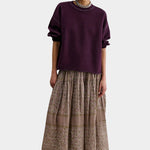 Rachel Comey Fond Sweatshirt Plum styled with a printed midi skirt and sculptural heels