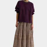 Rachel Comey Fond Sweatshirt Plum styled with a printed midi skirt and sculptural heels