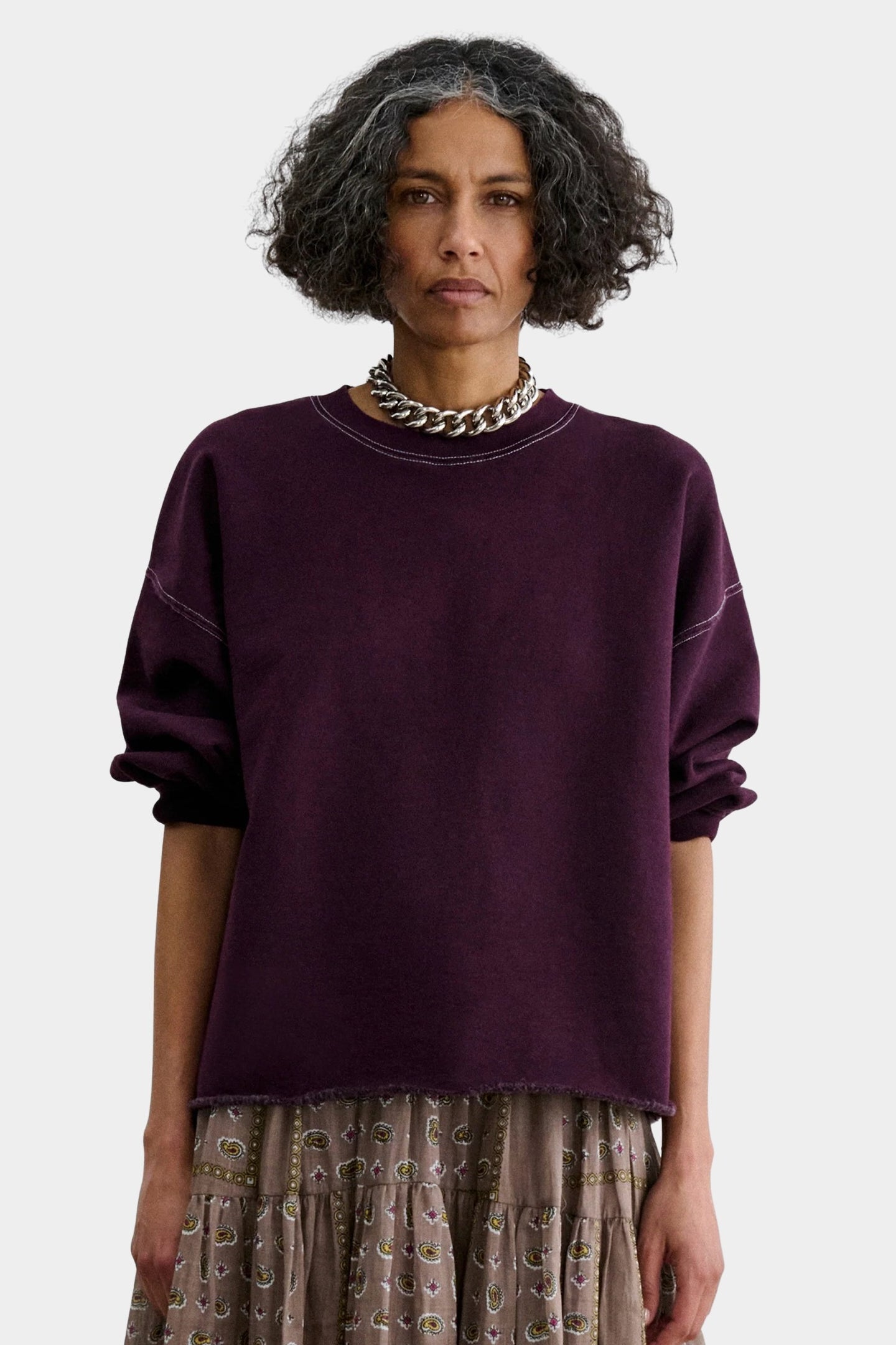 Rachel Comey Fond Sweatshirt Plum front view with oversized fit and raw edge hem at YUCCA Denver