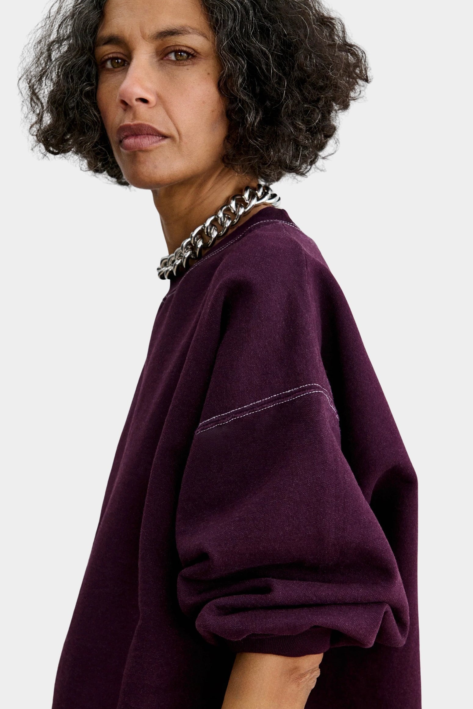 Rachel Comey Fond Sweatshirt Plum close view showing dropped shoulder and contrast stitching
