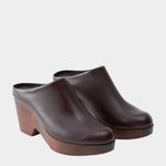 Rachel Comey Gammon Clog Auburn pair angled view with leather uppers and wood platforms