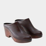 Rachel Comey Gammon Clog Auburn pair angled view with leather uppers and wood platforms