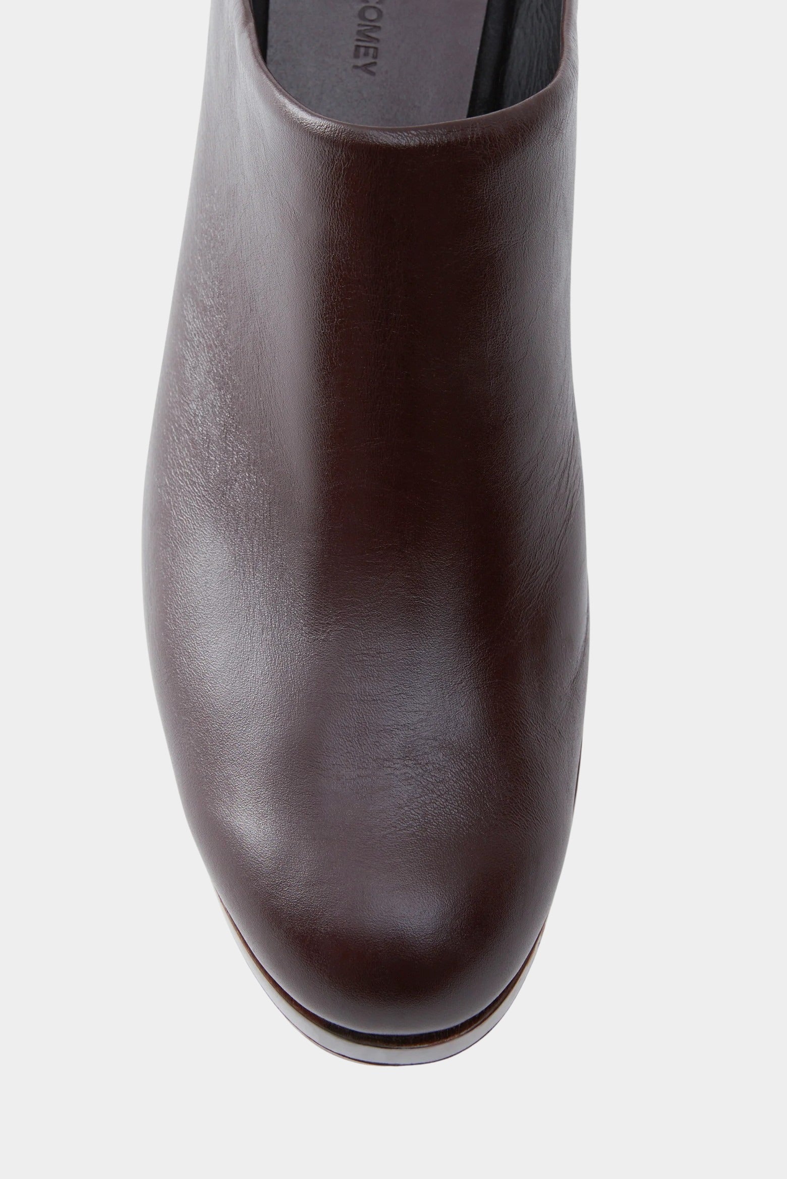 Rachel Comey Gammon Clog Auburn top detail showing smooth leather and rounded toe