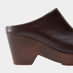Rachel Comey Gammon Clog Auburn close up showing leather upper and wood heel