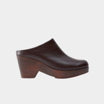 Rachel Comey Gammon Clog Auburn side view with leather upper and sculpted wood platform