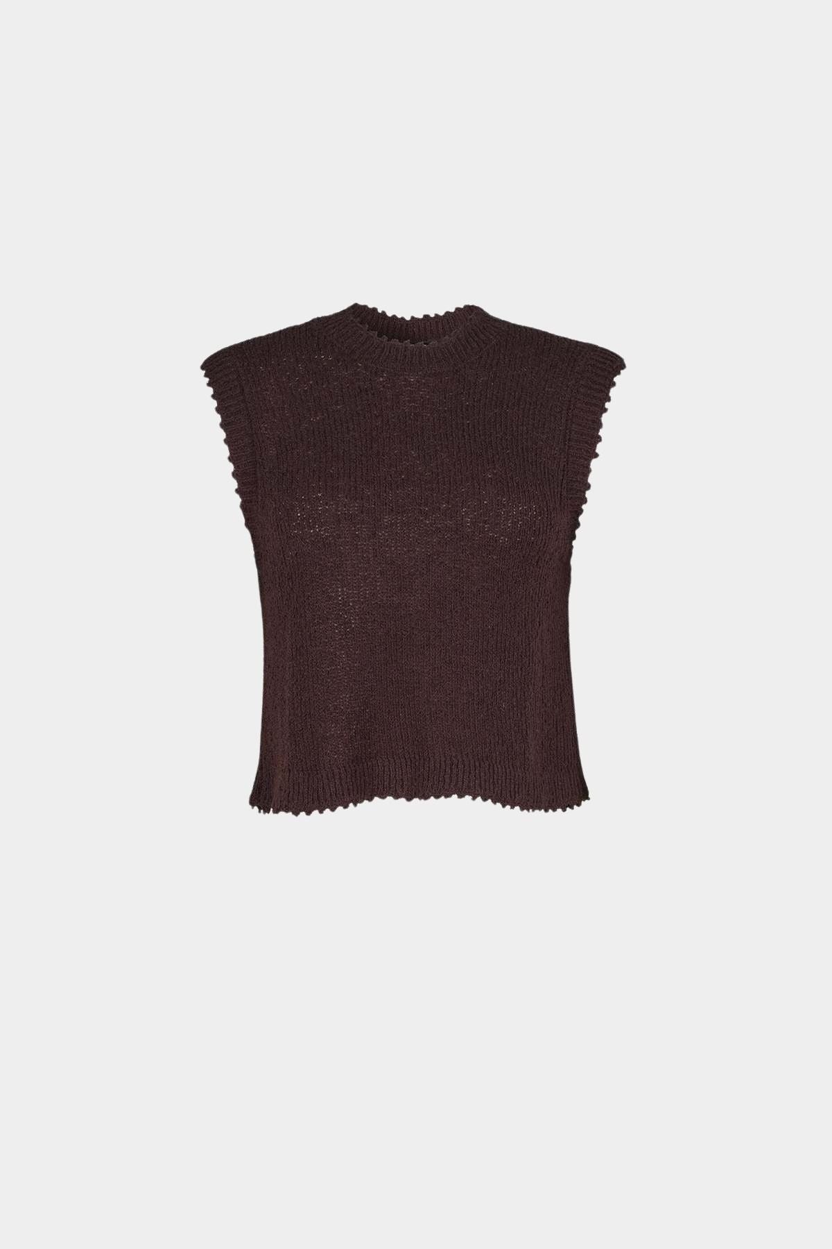 Rachel Comey Relent Top in Brown sleeveless textured bouclé sweater tank with scalloped trim front view