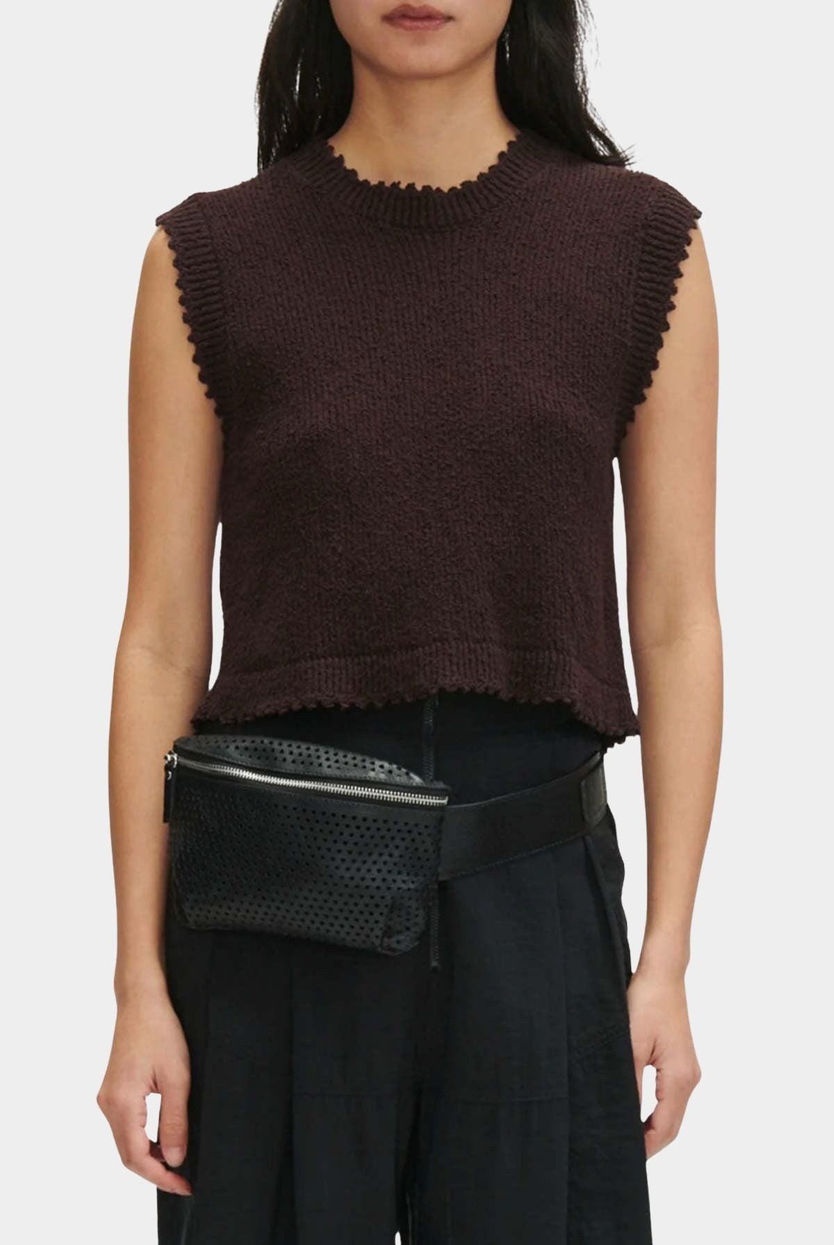 Rachel Comey Relent Top Brown lightweight cotton bouclé knit tank styled with black trousers at YUCCA Denver