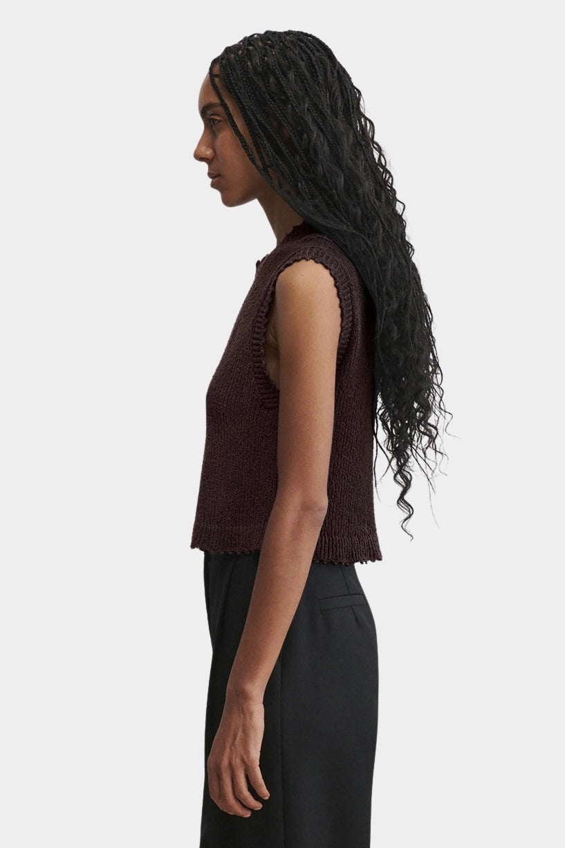 Rachel Comey Relent Top in Brown side profile highlighting the textured knit and cropped silhouette