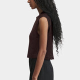 Rachel Comey Relent Top in Brown side profile highlighting the textured knit and cropped silhouette