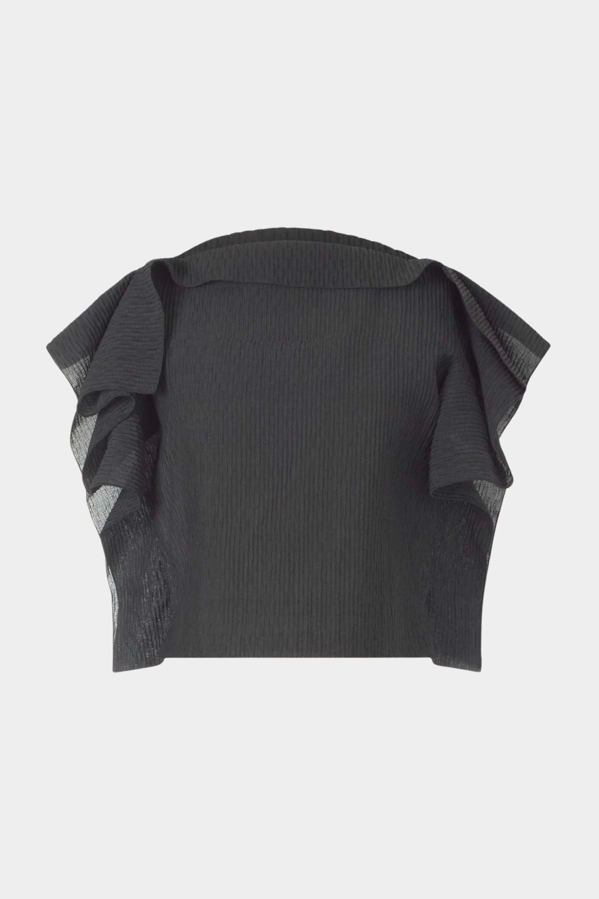 Rachel Comey Rivera top in black with sculptural draped silhouette, sleeveless design, and folded boatneck neckline, flat lay