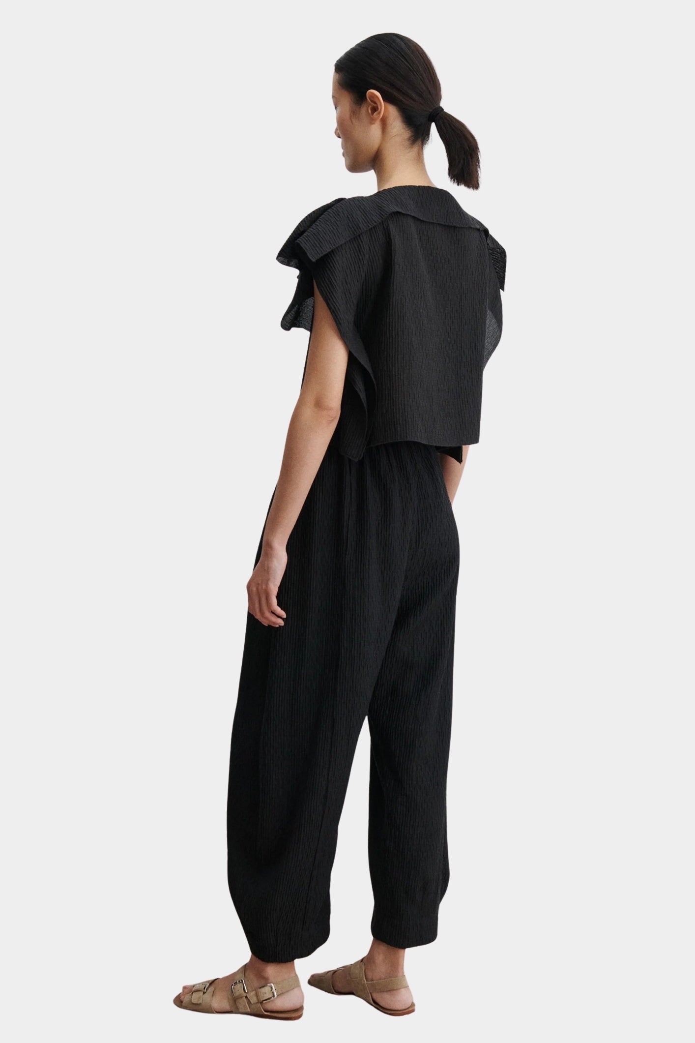 Rachel Comey Rivera Top Black, back view showing cropped length and ruffle sleeve structure