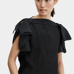 Rachel Comey Rivera Top Black, textured pleated black top with wide ruffle cap sleeves and boat neckline, front view