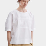 Rachel Comey rugby top in white cotton with wide short sleeves, boxy cropped shape, and minimal seam detailing