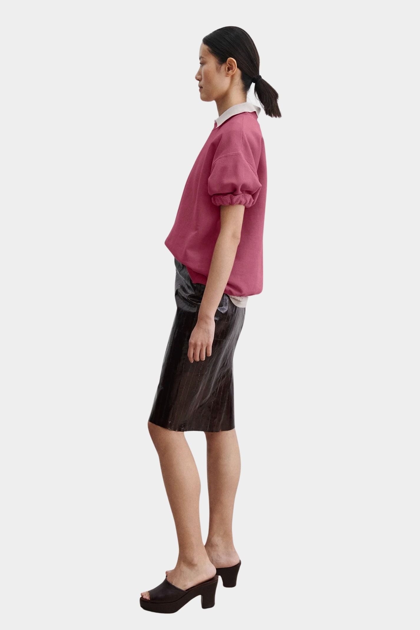 Rachel Comey Stanza sweatshirt rose side view rolled cuff sleeve relaxed silhouette