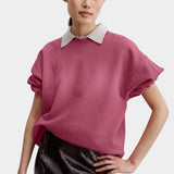 Rachel Comey Stanza sweatshirt rose close view rolled sleeve cuff crewneck