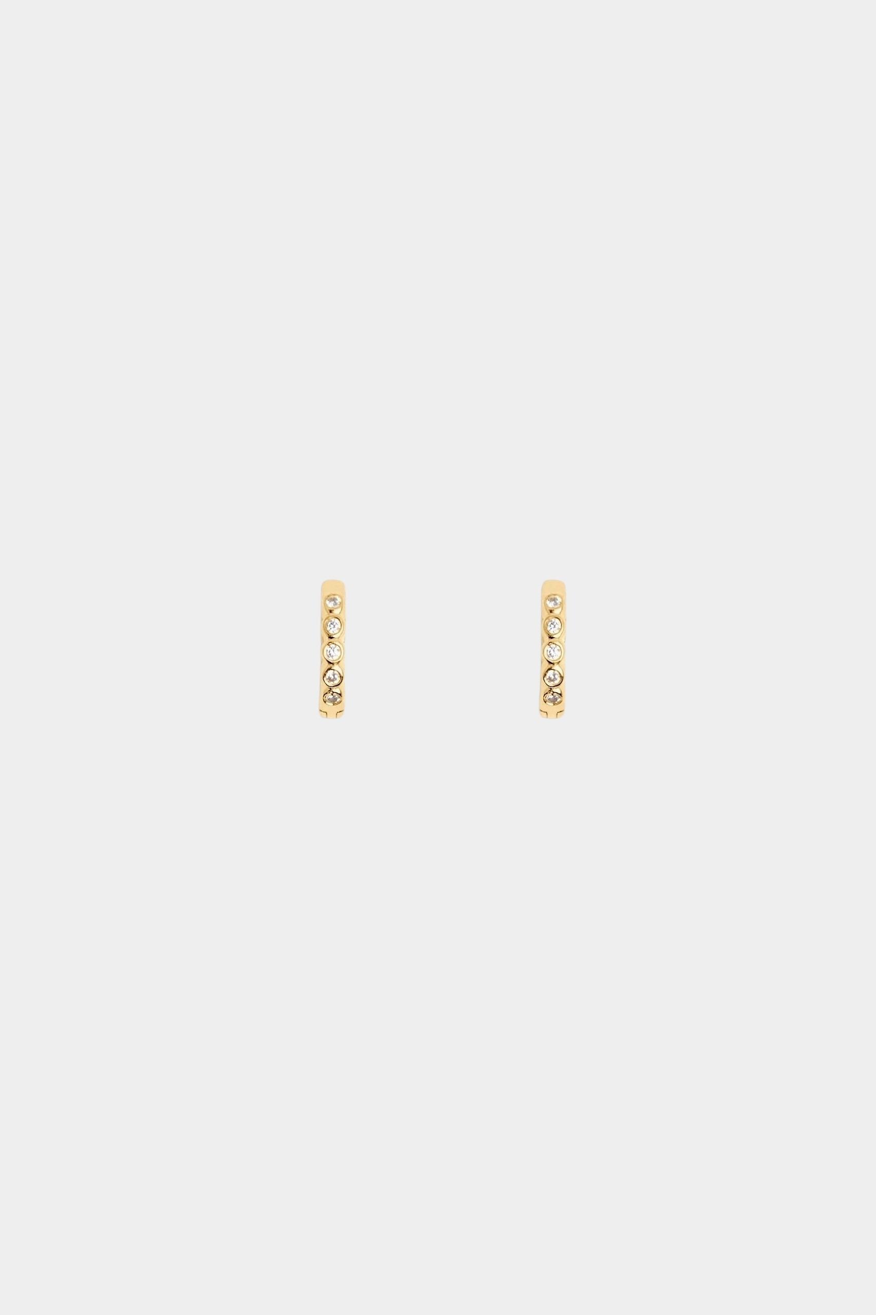 RAGBAG Studio Oda Mini Hoops in Gold with five cubic zirconia stones set along each petite earring